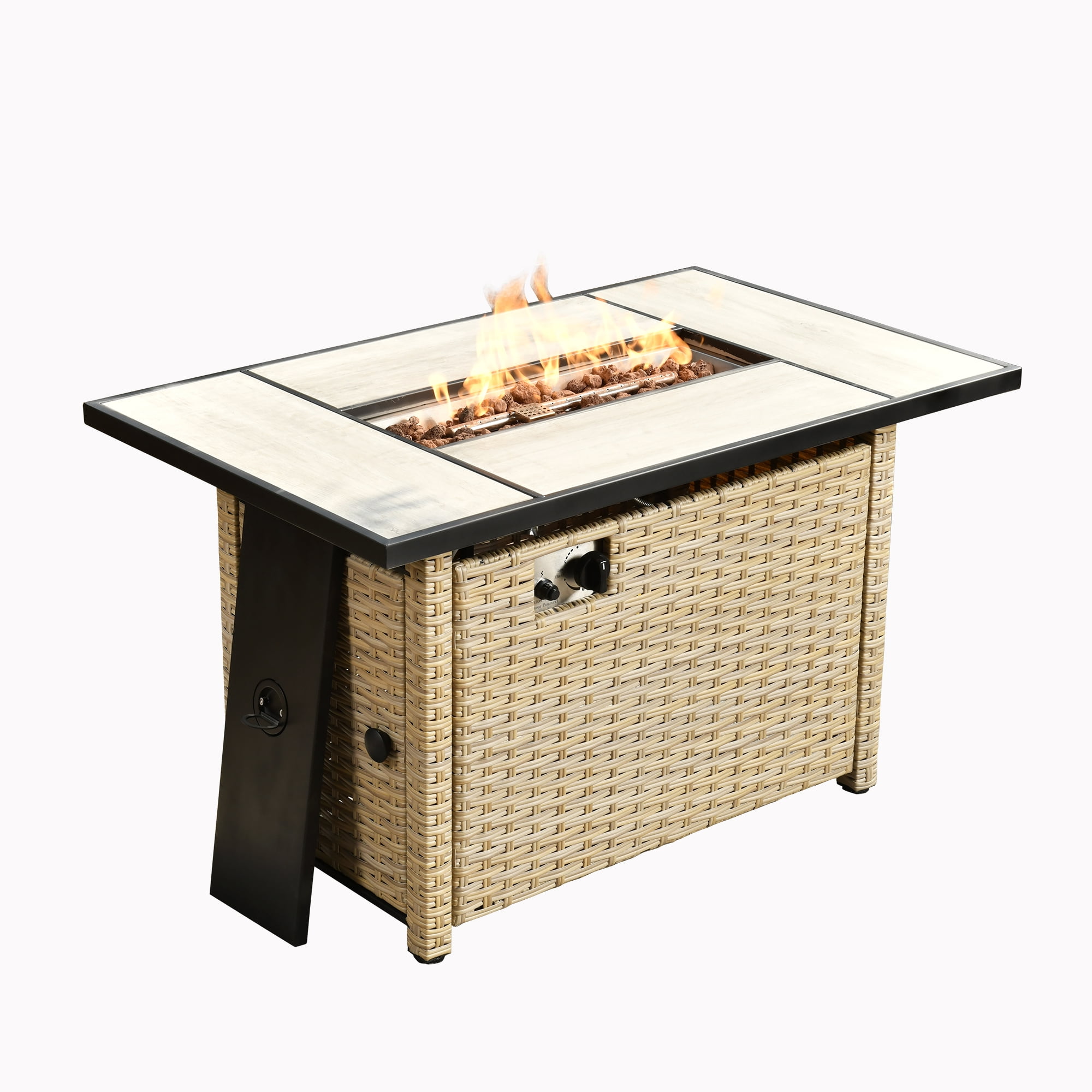 Ovios Outdoor Wicker Propane Fire Pit Table 42-Inch 50,000 BTU Flame Gas Fire Pits for Patio with Waterproof Cover & Lid Rectangle