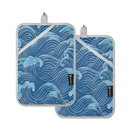 

Two Pieces Of Square Heat Insulation Pad Oven Mitts 7x9.8 Inch Oven Microwave Kitchen Cooking Baking Blue Wave