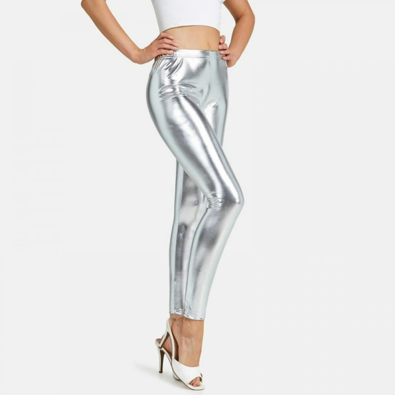 Baywell Women's Shiny Holographic Leggings Liquid Metallic Pants Iridescent  Tights Silver S-XL