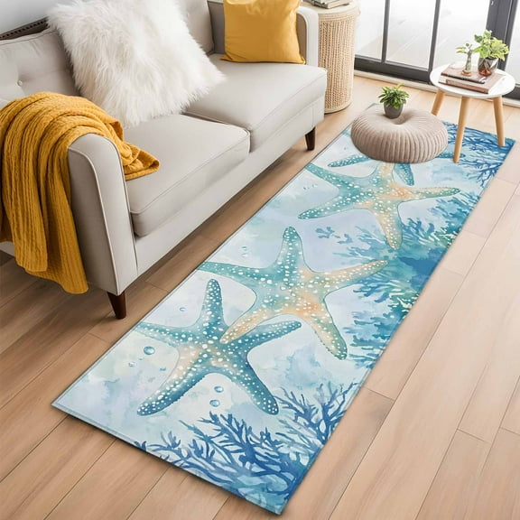 Teal Blue Coastal Kitchen Runner Rug 2x6 Washable Runners for Hallway Non Slip Summer Ocean Starfish Coral Large Area Rug Indoor Floor Carpet for Bathroom Laundry Entryway Bedroom Living Room