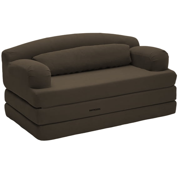 Anykoon Brown Corduroy Foldable Loveseat Sleeper Sofa, High-Density Foam Convertible Couch Bed for Small Spaces