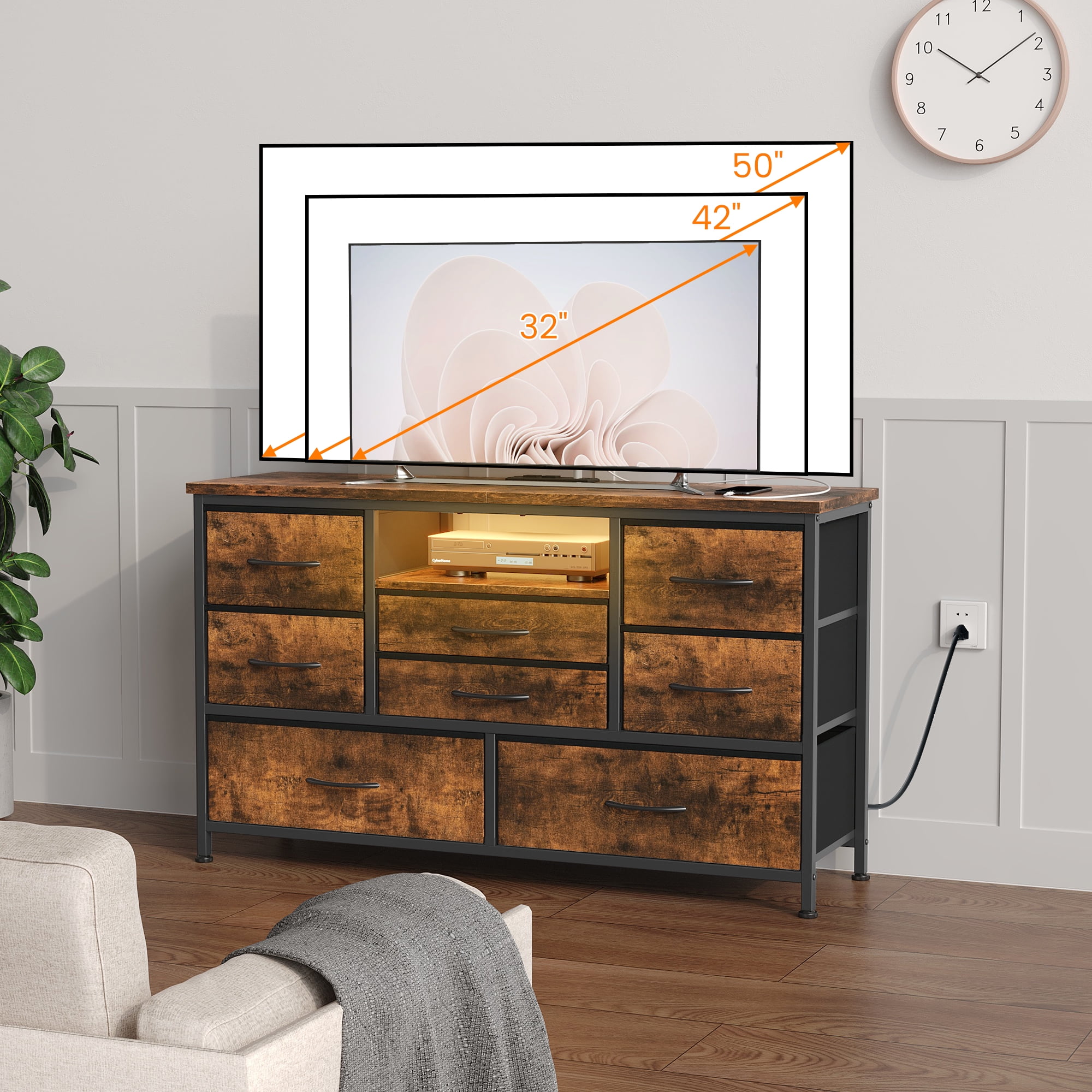 KOKEBREN 47.4"Wide Dressers for Bedroom 8 Fabric Drawers Dresser with LED lights & Power Outlet TV Stand for 55" TV,Rustic Brown