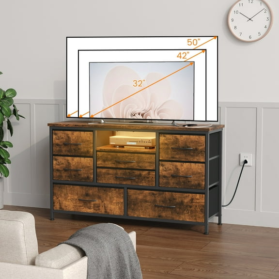 CuisinAid 8 Drawers Dresser TV Stand with LED Light and Power Outlet,47"Wide Dresser Fabric Chest of Drawers,Rustic Brown