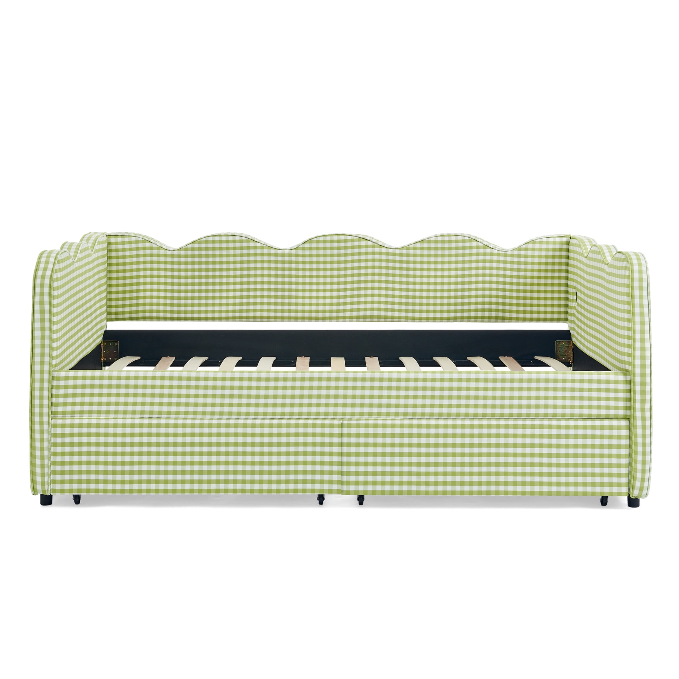 Noble House Corlan Twin Size Waved Daybed, Cozy Gingham Linen Sofa Bed with Storage Drawers and Charging Port, Green