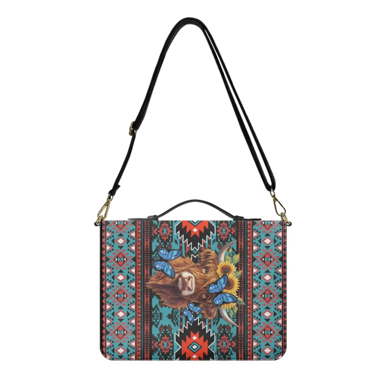 Kuiaobaty Aztec Highland Cow Sunflower Butterfly Print Bibles Carrying Bag with Bookmark Mens Bible Cover Scripture Case with Handle and Strap for Church, Blue