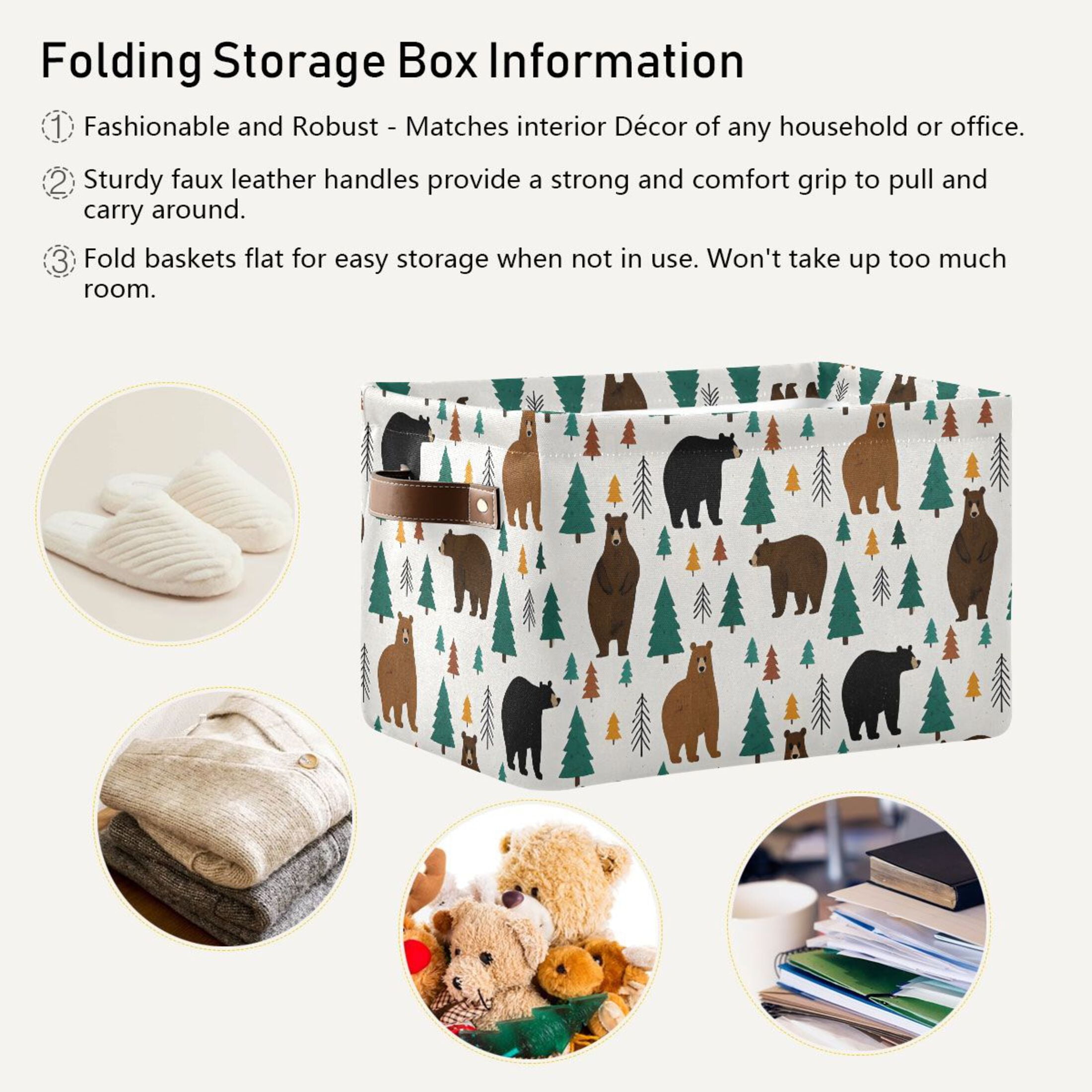 Storage Bins with Handle Fabric Organizer Basket Foldable Box 1 Pack Bear Forest 14.2x10.2x8.3
