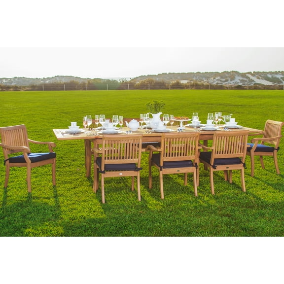 Teak Dining Set:8 Seater 9 Pc - Large 117" Rectangle Table and 8 Stacking Arbor Arm Chairs Outdoor Patio Grade-A Teak Wood WholesaleTeak #WMDSABf