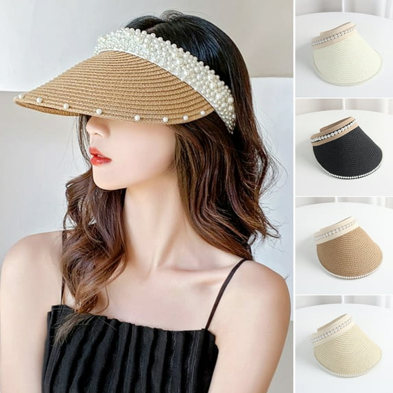 Vnanda Sun Visor Hats for Women Wide Brim Straw Visors Womens Foldable Beach Visors Summer Roll Up Ponytail Beach Hat