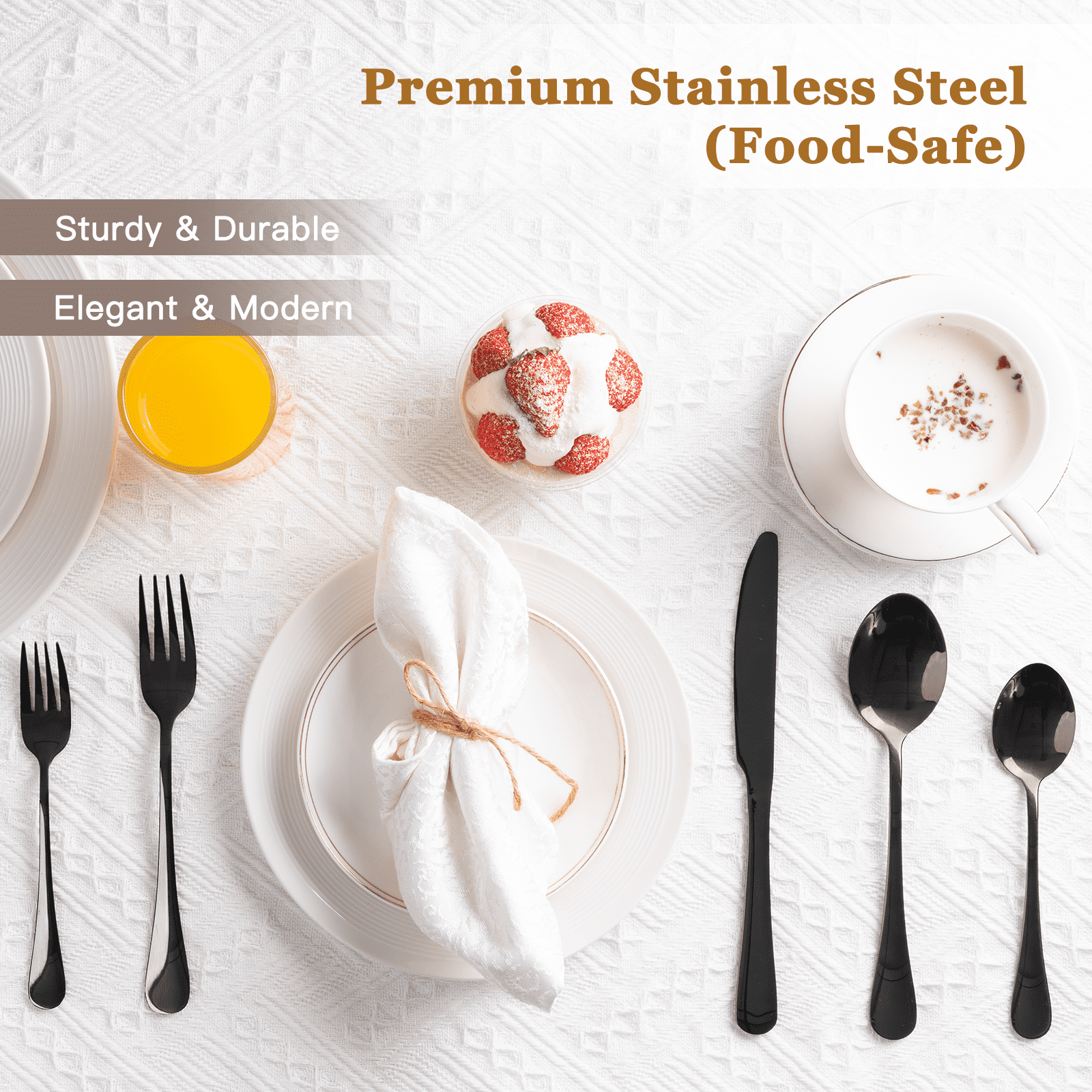 Astercook 25-Pieces Black Silverware Set with Steak Knives, Black Flatware Set for 4, Food-Grade Stainless Steel Tableware Cutlery Set, Eating Mirror Polished Utensil Set for... Astercook 25-Pieces Black Silverware Set with Steak Knives, Black Flatware Set for 4, Food-Grade Stainless Steel Tableware Cutlery Set, Eating Mirror Polished Utensil Set for... - Image 3