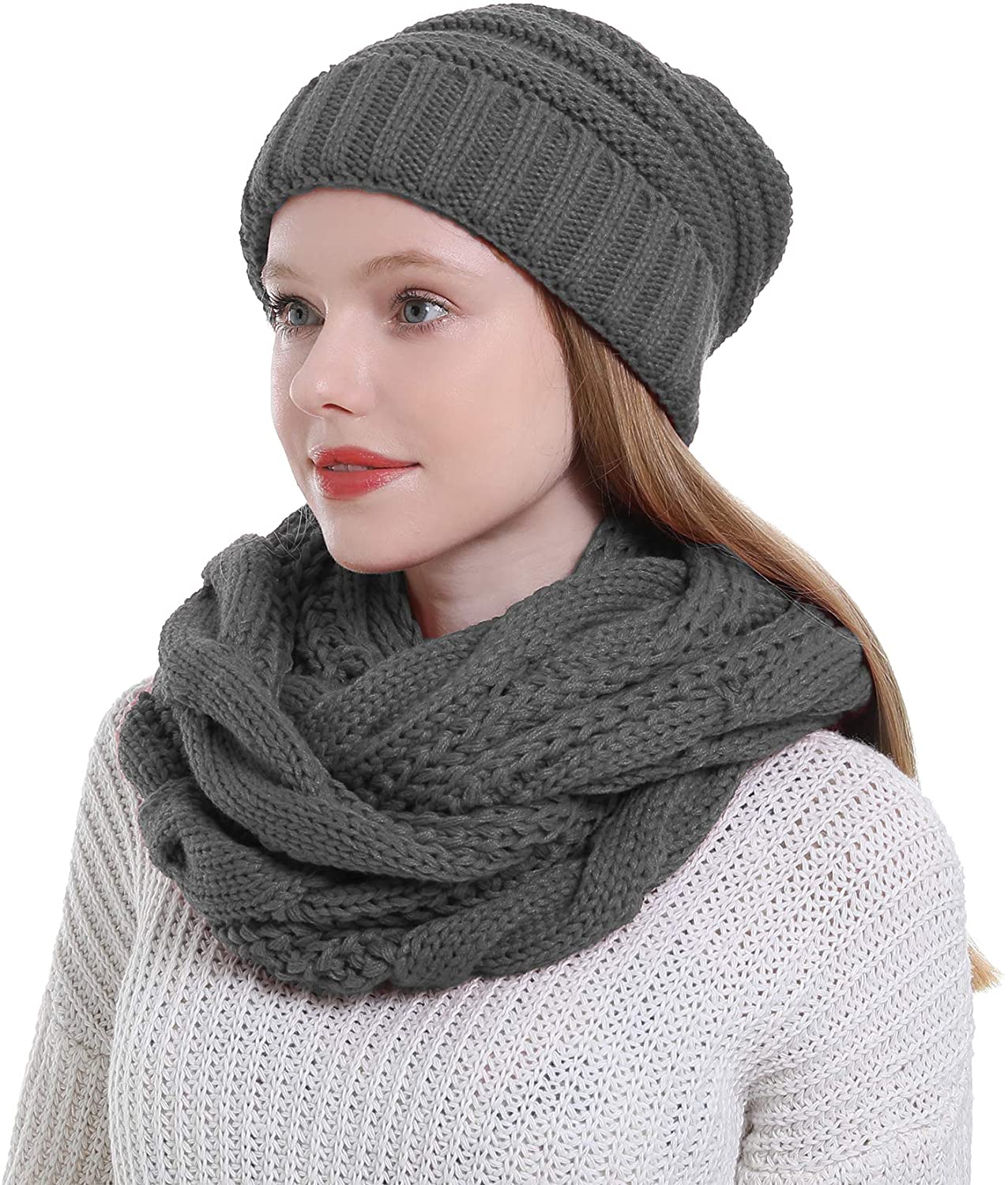 Womens Scarf Beanie Hat Set Thick 