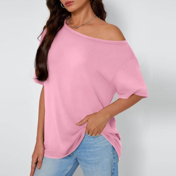 Karight Womens Oversized Tshirts Boat Neck Off Shoulder Short Sleeve Tops Loose Fit 2025 Summer Fashion Casual Basic Tees