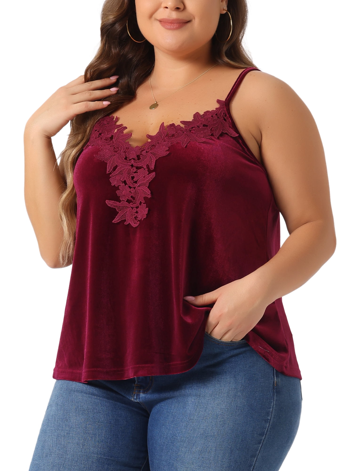 DARING DIVA Women's Plus Velvet Tank Tops V Neck Lace Floral Panel Cami 2X Burgundy