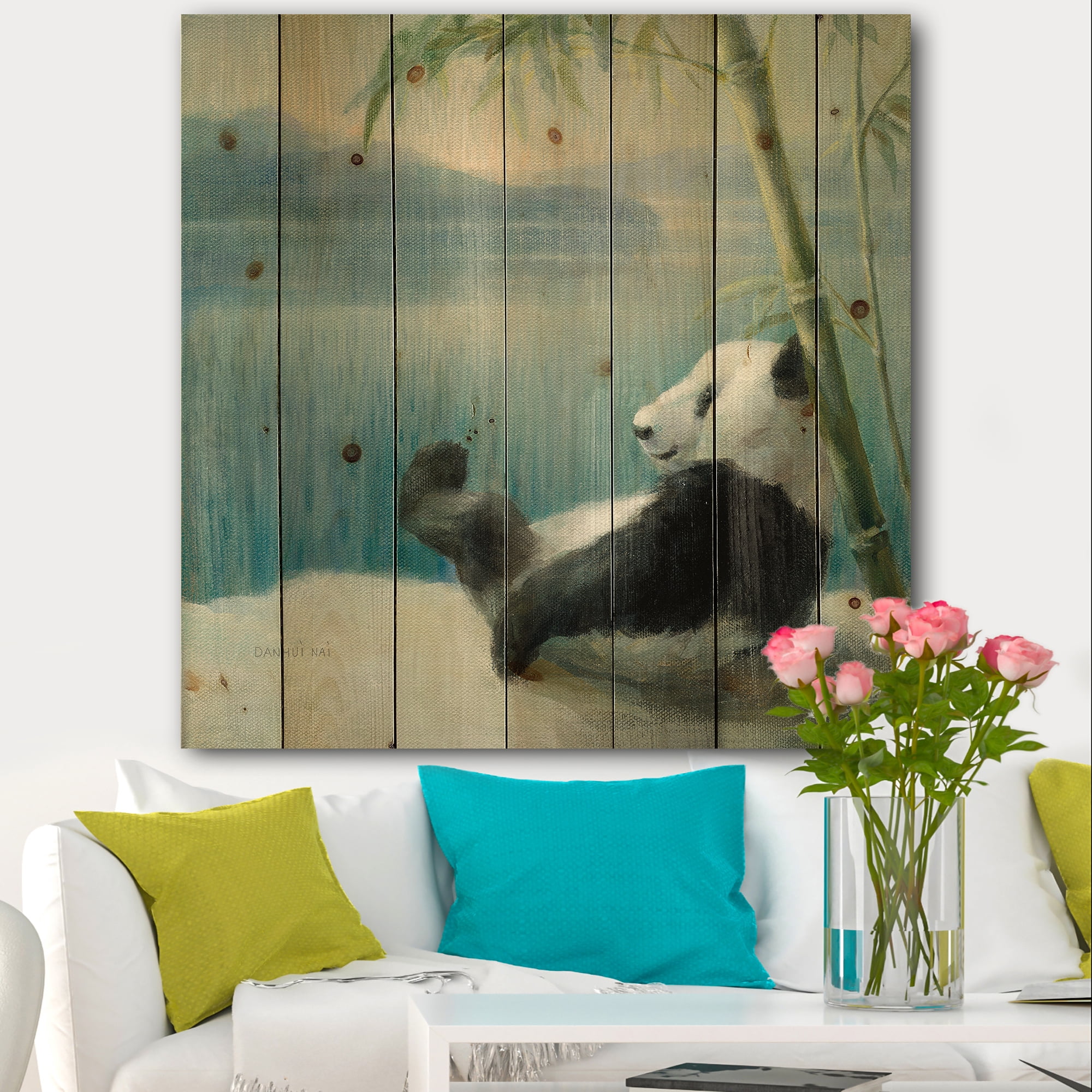Designart 'Panda after a long day At Lake' Traditional Print on Natural Pine Wood