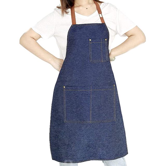 Delantal de mezclilla con múltiples bolsillos ajustables unisex para cocina, manualidades, cocina, color azul oscuro oso de fresa Hogar