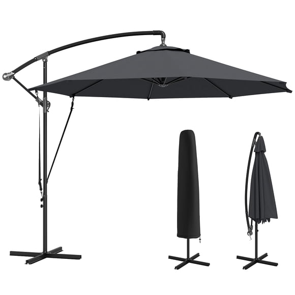 Outsunny 9.5' Cantilever Patio Umbrella with Wind Strap, Cover, UPF50+,Grey
