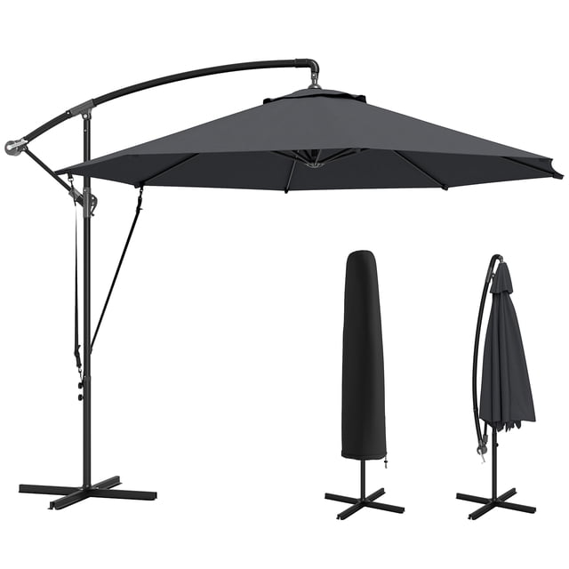 Outsunny Parasol Déporté de Patio 9,5 Pieds avec Sangle Coupe-Vent, Housse, UPF50+, Gris