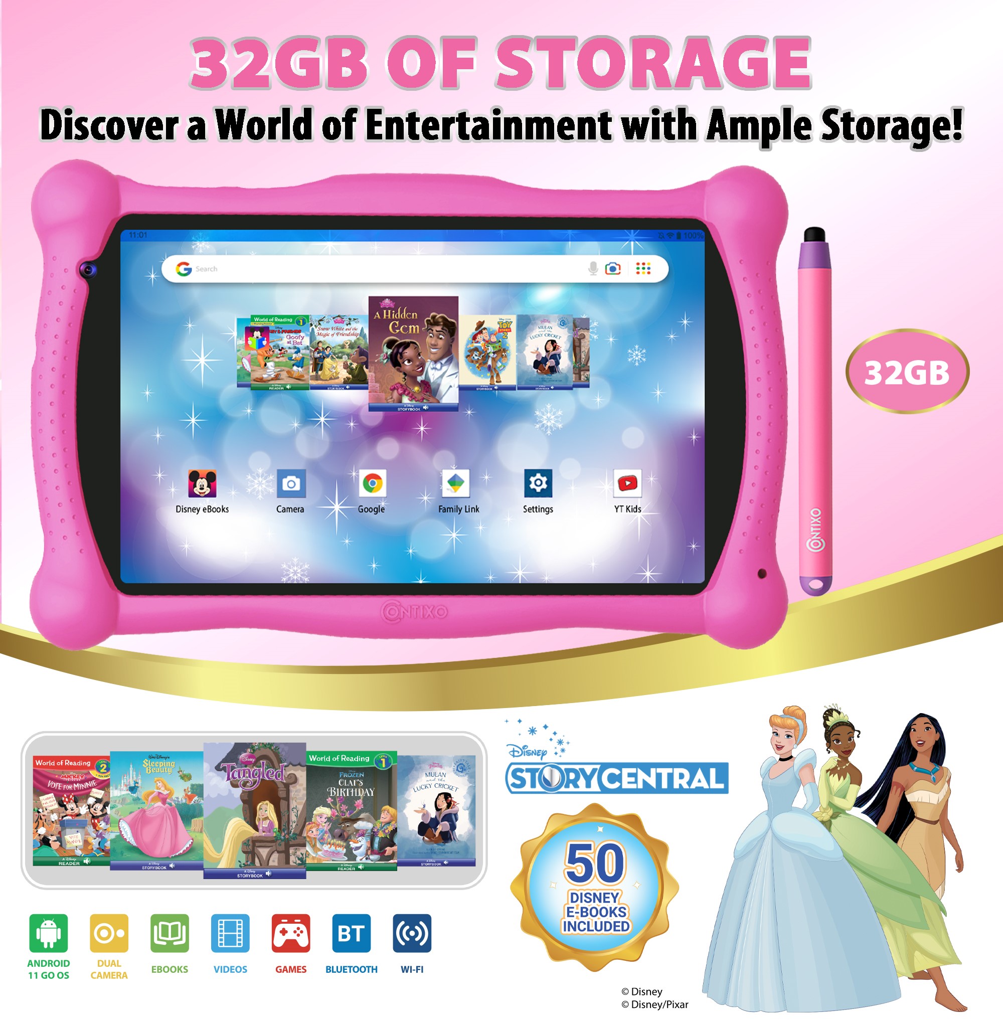 Contixo V10 7" Kids Tablet, with Headphone and Tablet Bag Bundle, 32GB Storage, 50+ Disney eBooks, Shockproof Case w/ Kickstand and Stylus - Pink - image 3 of 7