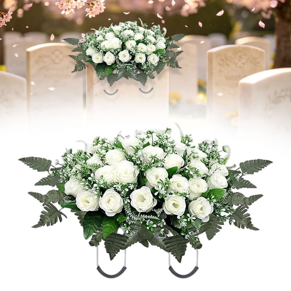 SomWiBe Off-White Headstone Flower Saddle, Large Artificial Cemetery Flowers for Tombstone, Memorial Outdoor Grave Decoration, 26.38 x 13.39in