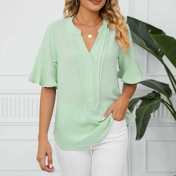 Fiudx Camisetas para Mujer Blusa Holgada de Color Liso con Cuello Redondo Retro de Manga Corta a La Moda para Mujer