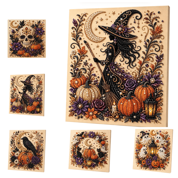 Halloween Contour Witch Pearl Art DIY Kit, Easy Stick Pearl Mosaic Canvas Craft Set, Multi Halloween Pattern DIY Art Supplies for Fall Holiday Home Ornament