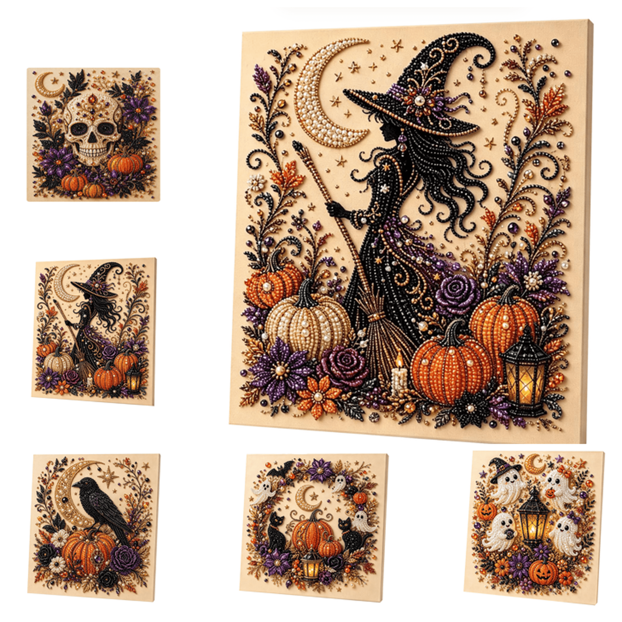 Halloween Contour Witch Pearl Art DIY Kit Easy Stick Pearl Mosaic Canvas Craft Set Multi Halloween Pattern DIY Art Supplies for Fall Holiday Home Ornament