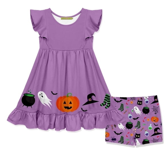 Millie Loves Lily Girls Purple Halloween Flutter Sleeve Dress & Matching Short Set Size 8