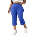 thumbnail image 3 of Women's Plus Size Elastic High Waist Capris with Pockets, Soft Stretchy Yoga Pants for Women, Casual Sports Athletic Lounge Workout for Women | VerBelle,Blue 4XL, 3 of 8