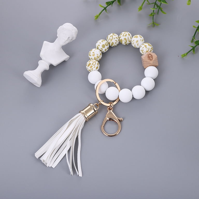 Personalized Silicone Bead Keychain Bracelet For Women - Wristlet Key Holder With Leather Tassel (Light Pink Marble)