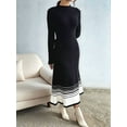 thumbnail image 3 of Women'S Color Block Striped Hem Long Sleeve Sweater Dress Pleated A-Line Swing Ribbed Knit Long Dress Black S, 3 of 8