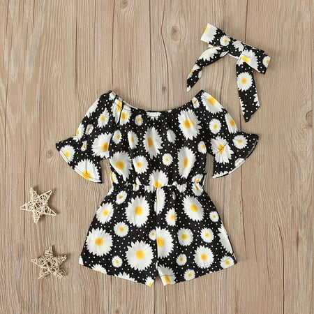

Vivianyo HD Girls Clothes Clearance Toddler Baby Girls Summer Floral Short Sleeve Jumpsuit + Bow Two-piece Children s Clothing Rollbacks White