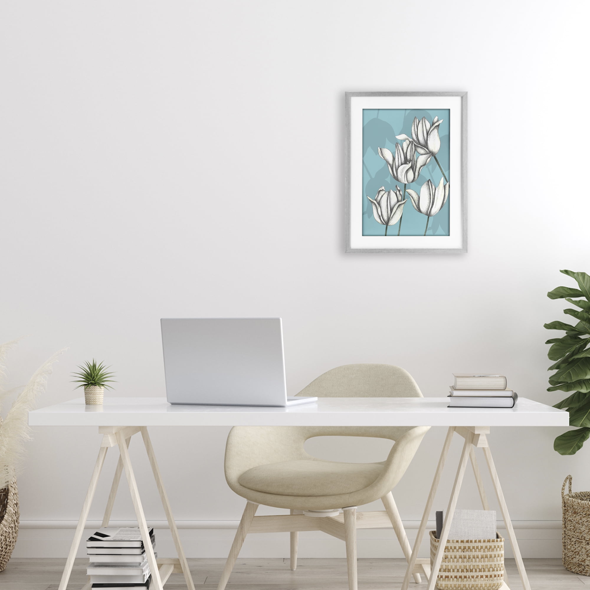 Sketched Tulips Keep Growing Gray Framed Print Under Glass, design by Cecilia Battaini