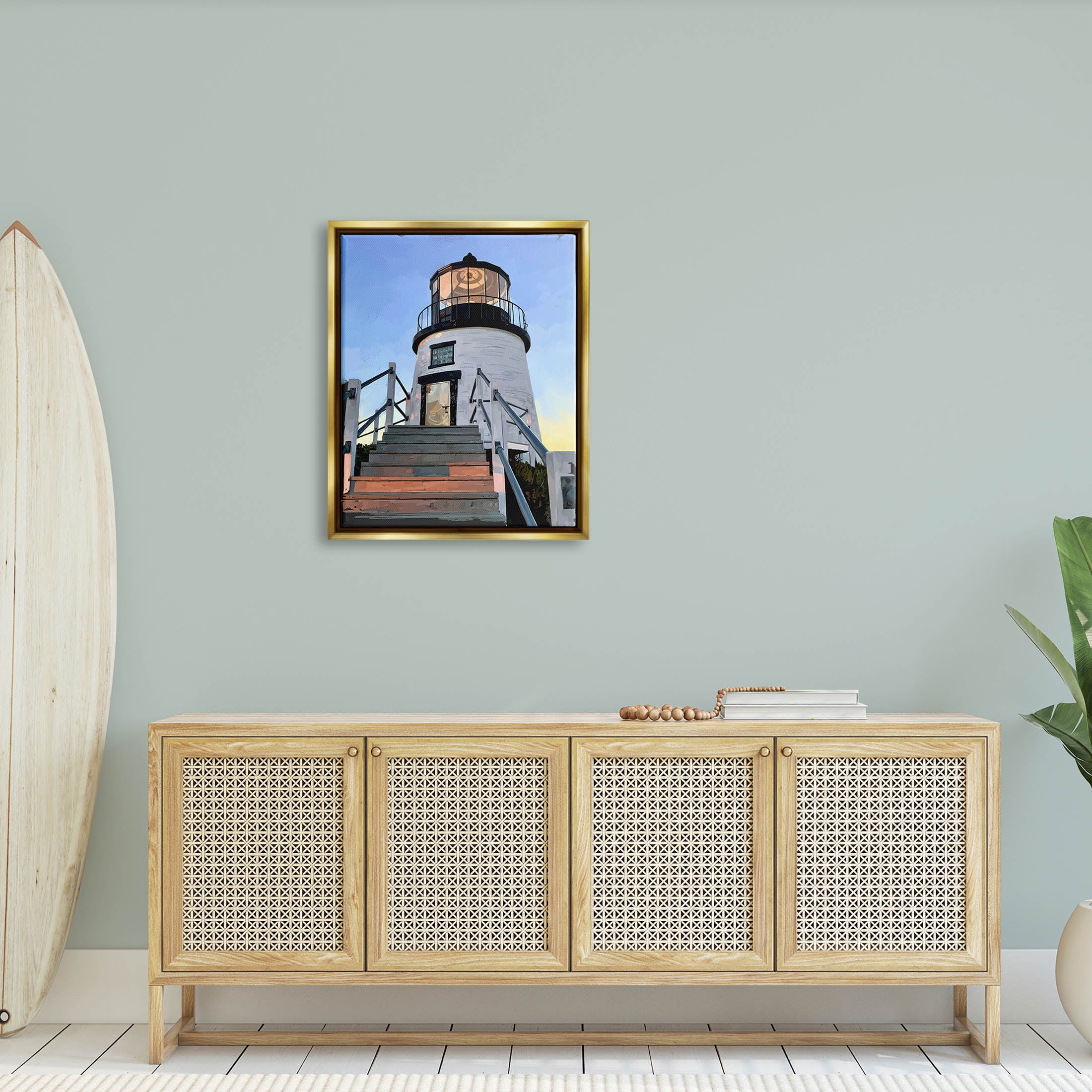 Coastal Lighthouse Beacon Coastal Graphic Art Metallic Gold Framed Art Print Wall Art