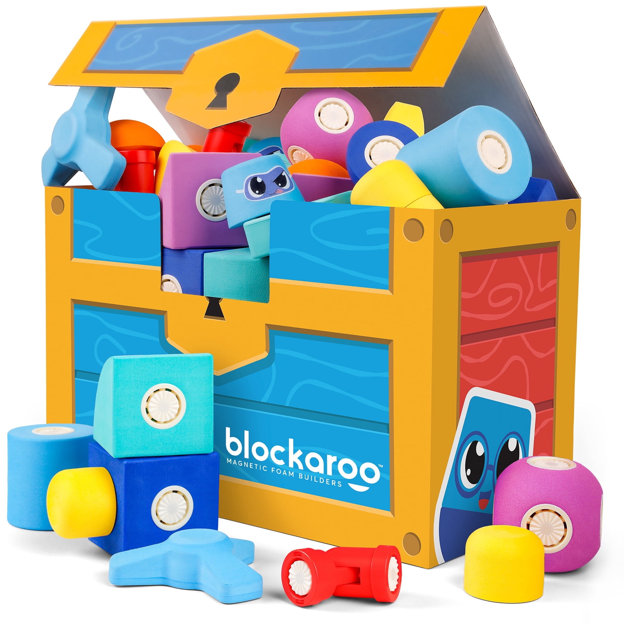 Blockaroo Magnetic Foam Blocks 50-Piece Set with Storage Trunk – STEM Building Toys for Preschool Kids, Easy-Clean Sensory Blocks for Creative Play