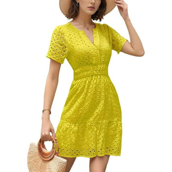 Women'S Summer Short Sleeve Mini Dress V Neck Cutout Eyelet High Waist A-Line Hem Short Dress Yellow M