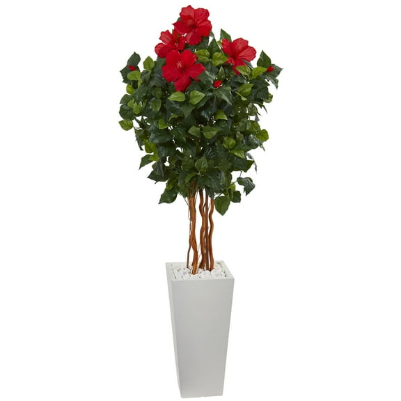 Nearly Natural 5 ft. Hibiscus Artificial Tree in White Tower Planter