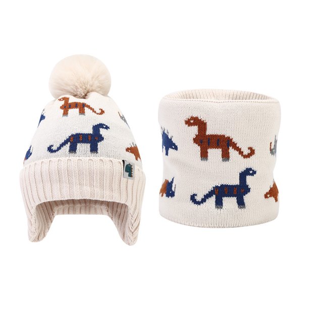 Conjunto de gorro y bufanda de punto con forro polar de dinosaurio jacquard para niños de invierno, conjunto de dos piezas de gorro de lana con protección para los oídos para niños