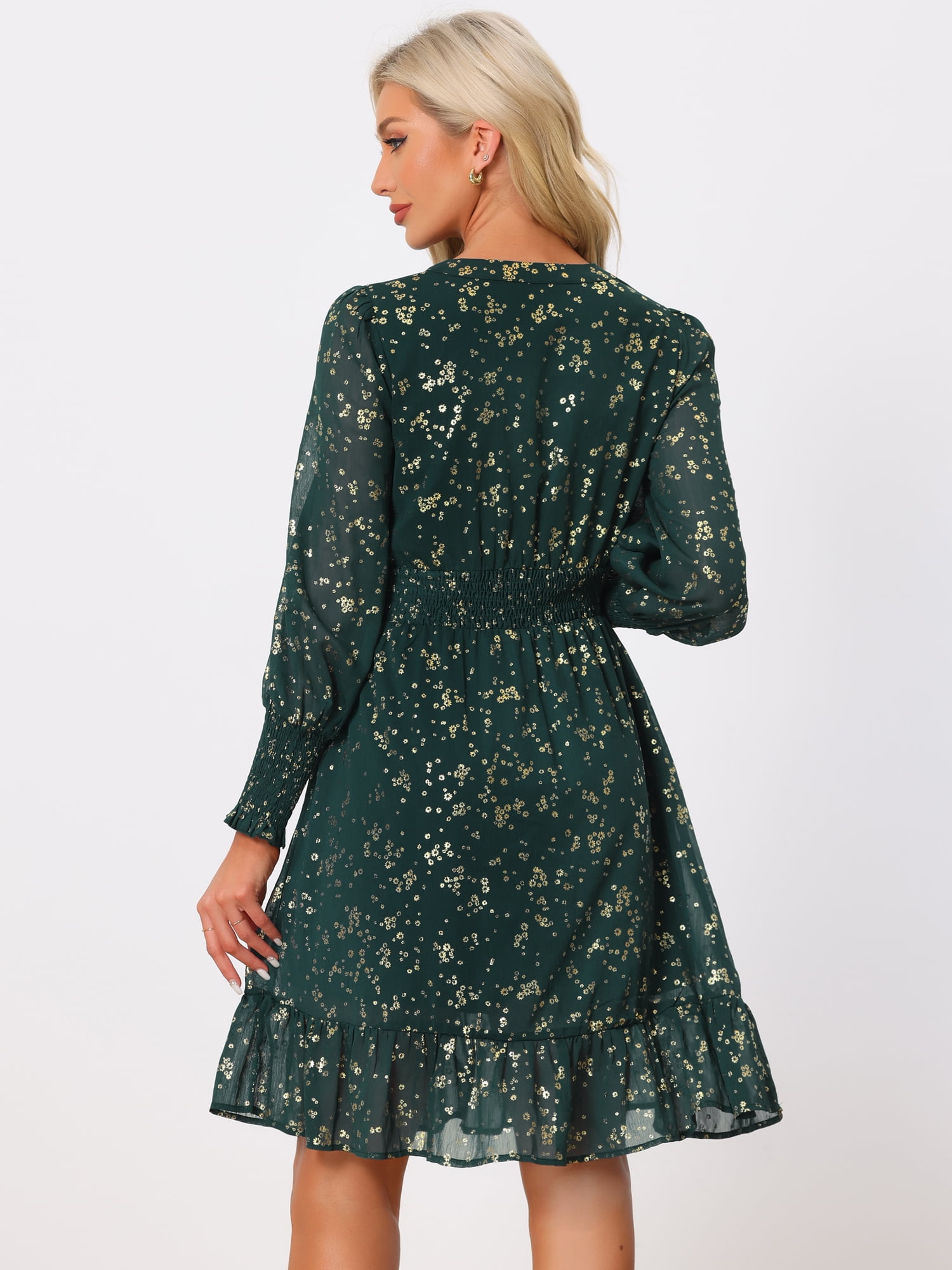 DARING DIVA Button Up Smocked Chiffon Metallic Star Dress S Dark Green-Floral