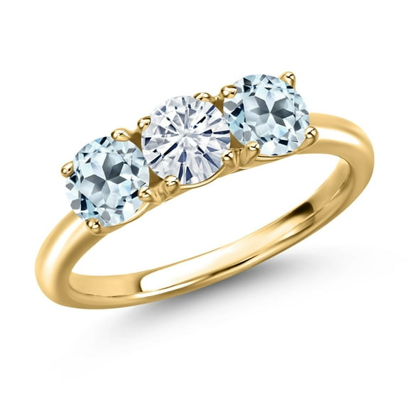 Gem Stone King 18K Yellow Gold Plated Silver White Moissanite and Sky Blue Topaz Engagement Ring for Women | 1.90 Cttw | Round 5MM | Gemstone Birthstone | Size 9