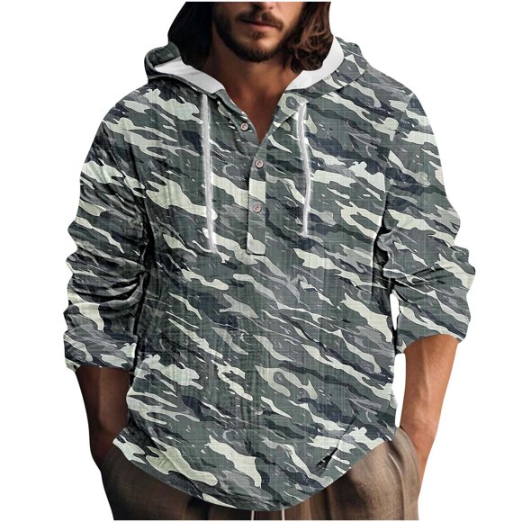 Lovzfmll Camo Print Button-Front Hoodie for Men, Long Sleeve Pullover with Adjustable Hood and Military Style Design Army Green, XL
