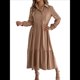 thumbnail image 1 of Vestido Camisero Informal de 3/4 para Mujer, con Botones, Cuello en V, Cuello Escalonado, Holgado y Caqui XL, 1 of 9