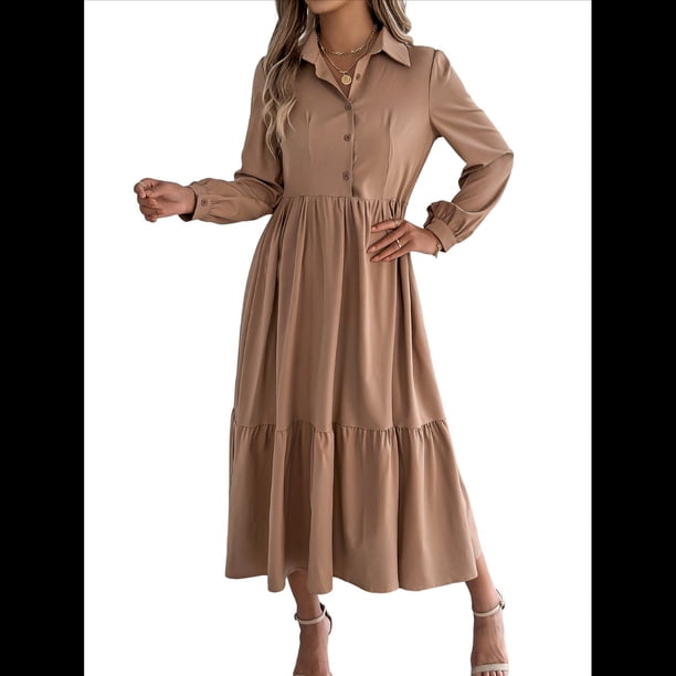 Vestido Camisero Informal de 3/4 para Mujer, con Botones, Cuello en V, Cuello Escalonado, Holgado y Caqui XL
