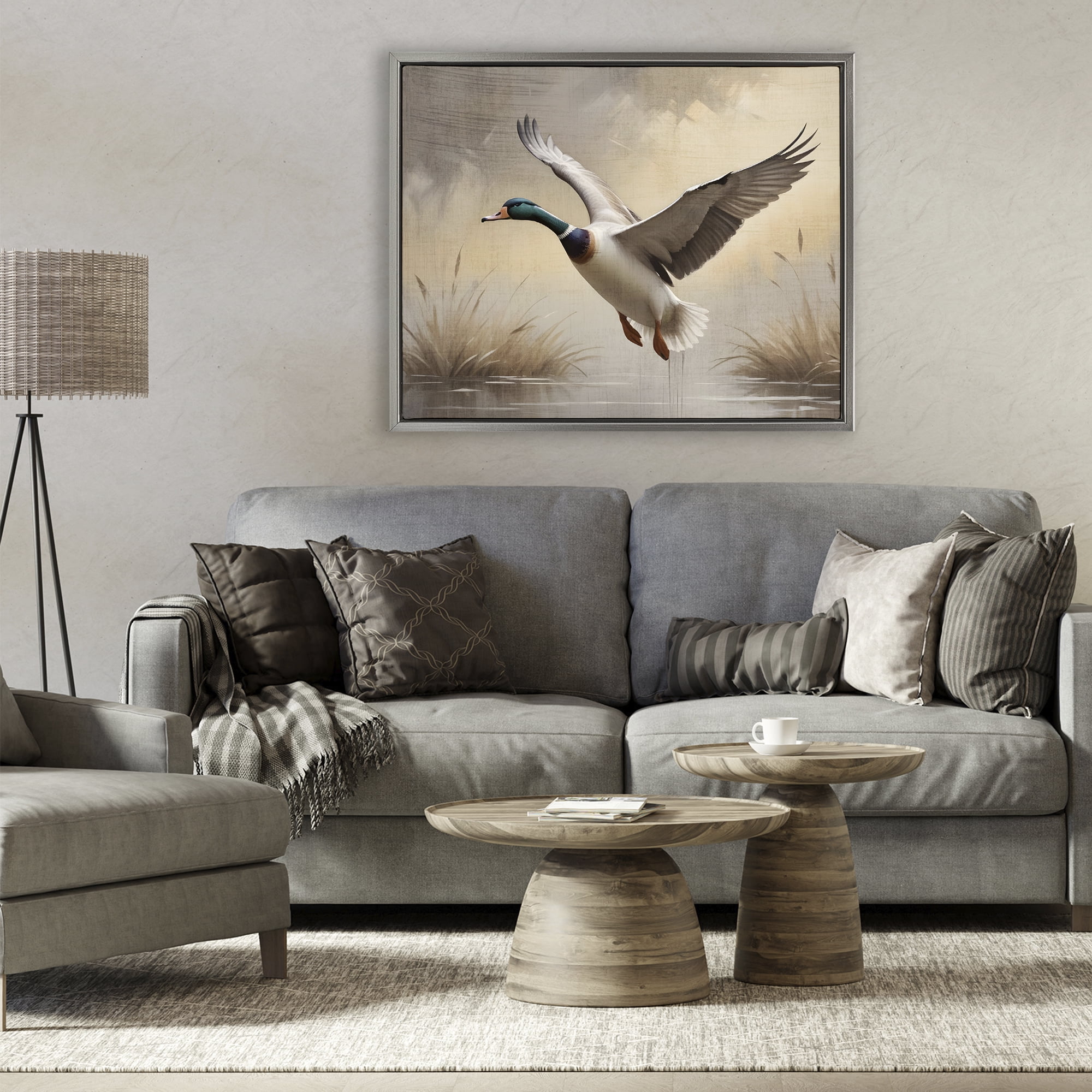 Stupell Industries Gliding Mallard over Wetlands Gray Framed Floater Canvas Wall Art, design by Susan Arnot