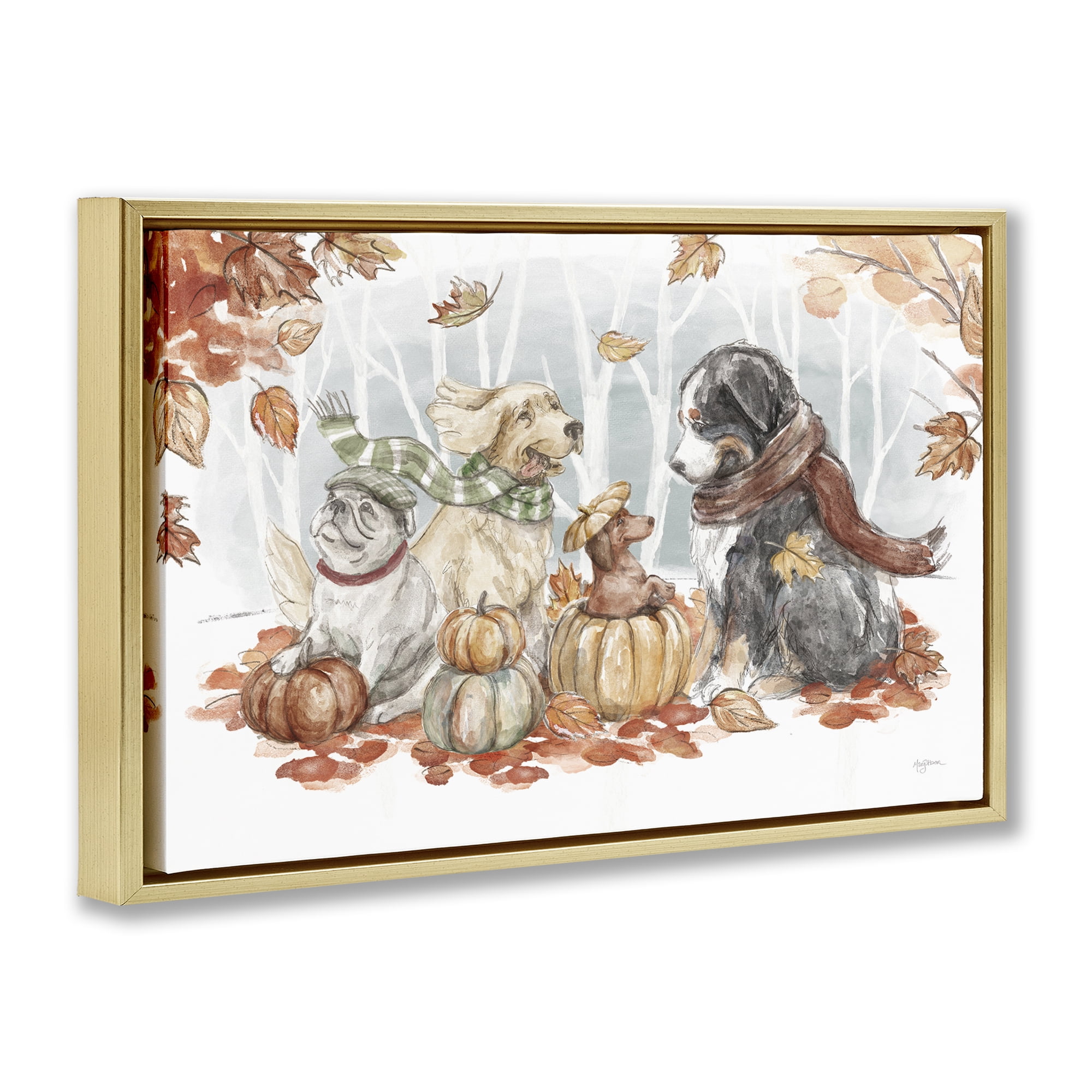 Stupell Industries Autumn Fun Dogs Holiday Painting Gold Floater Framed Canvas Art Prints Wall Art, 25 x 17