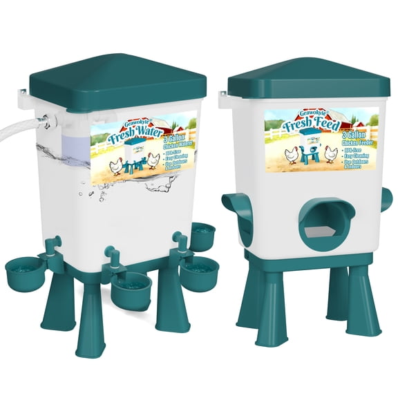 Chicken Feeder and Waterer Set - Automatic Float Valve Waterer with Built-in Filter,  Poultry Feeding & Watering Equipment for Chickens, Ducks, Geese, Chicken Coop Accessories(Blue))
