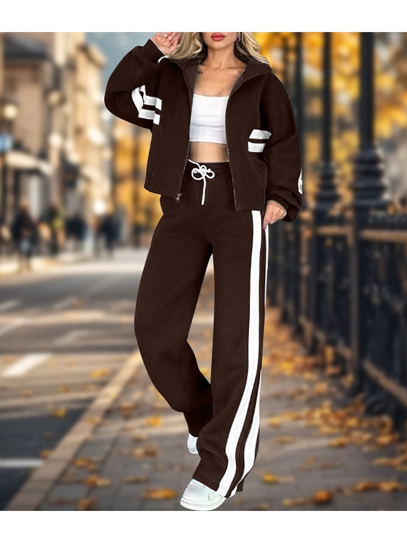 Womens Fall Sweatsuit 2 Peice Outfits Zip Up Striped Y2K Jacket