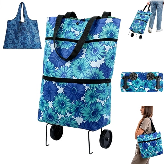 2-in-1 Foldable Shopping Bag with Wheels, Oxford Cloth Trolley Bag, Portable Reusable Grocery Cart with Bonus Bag for Grocery Laundry Travel, Blue Floral