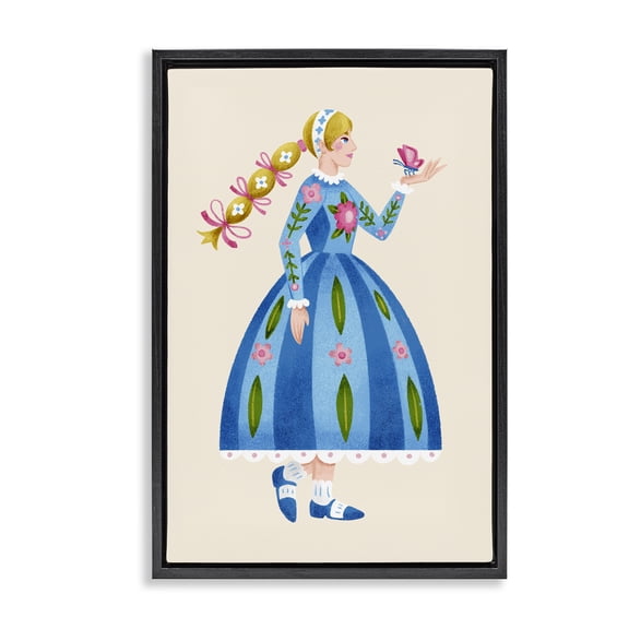Stupell Industries Blonde Folk Girl & Butterfly Portrait Painting Black Floater Framed Canvas Art Print Wall Art, 17 x 25