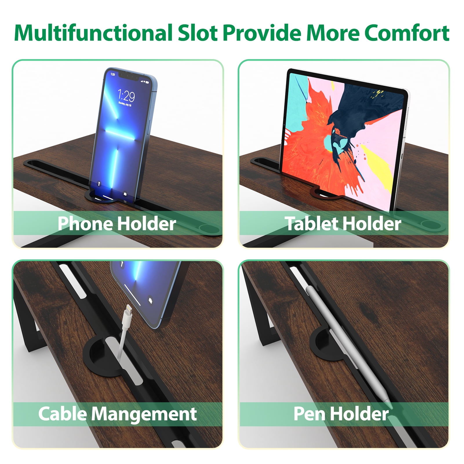 Dual Monitor Stand Riser with Pen Slot - Adjustable Length & Angle, Brown Desk Organizer for Computer Screens