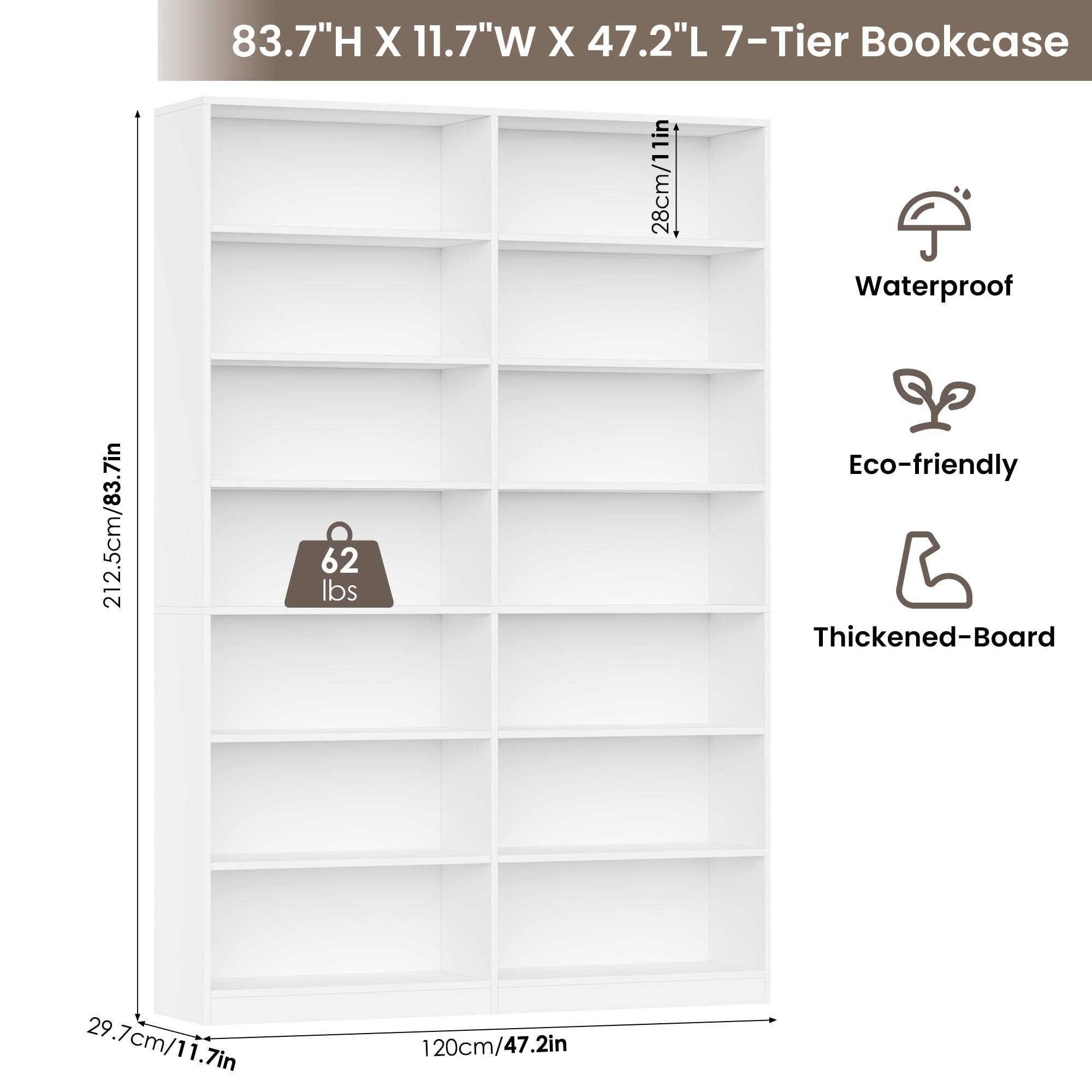 Hiphuta 84" Tall Double Wide 7-Tier Bookcase with 14 Cubes, Large Open Bookcase for Home Office and Living Room, Freestanding Display Book Shelves, White