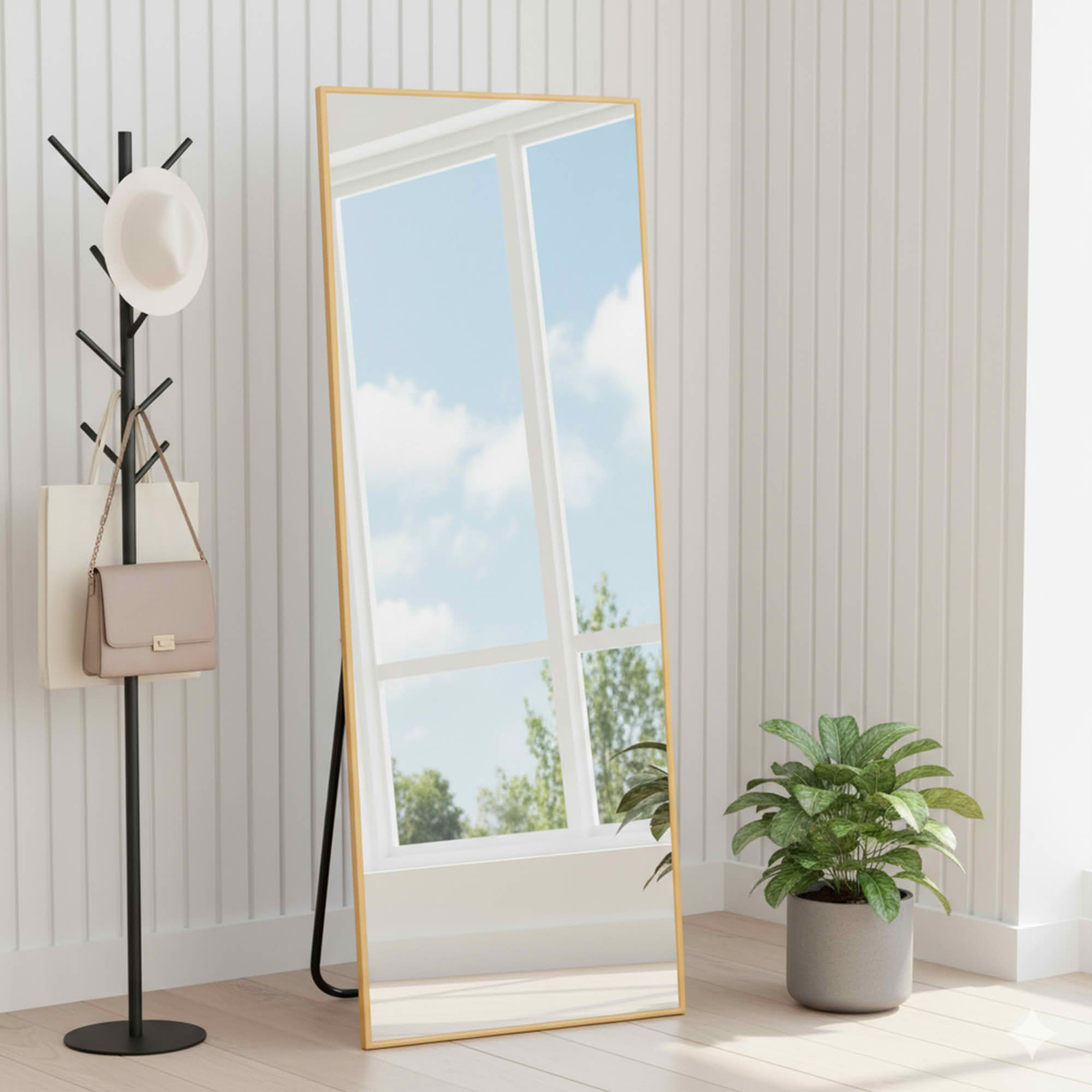 MAYEERTY 57x20in Aluminum Full-Length Mirror, Right Angle Tempered Glass With Stand, Gold